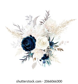 Luxurious beige and navy blue trendy vector design bouquet. Pastel pampas grass, ivory peony, creamy magnolia, dark rose, silver dried leaves. Wedding blush floral. Elements are isolated and editable