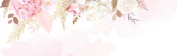 Luxurious Beige Trendy Vector Design Watercolor Banner Frame. Ivory Rose, Blush Pink Hydrangea, Camellia, Peony, Pampas Grass, Fern, Eucalyptus. Wedding Decoration. Elements Are Isolated And Editable