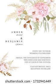 Luxurious beige trendy vector design sides frame. Pastel pink rose, creamy peony, blush hydrangea, white orchid, pampas grass, fern, eucalyptus.Wedding decoration.Elements are isolated and editable