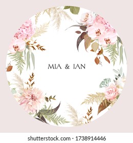 Luxurious beige trendy vector design floral frame. Pastel pink rose, creamy peony, blush hydrangea, white orchid, pampas grass, fern, eucalyptus.Wedding decoration.Elements are isolated and editable