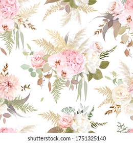 Luxurious beige trendy vector design floral print. Pastel pink rose, creamy peony, dahlia, blush hydrangea, white orchid, pampas grass, eucalyptus. Wedding pattern. Elements are isolated and editable