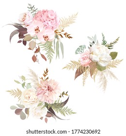 Luxurious beige trendy vector design floral bouquets. Pastel pink rose, creamy peony, blush hydrangea, orchid, dahlia, ranunculus, pampas grass, eucalyptus. Wedding decoration. Isolated and editable