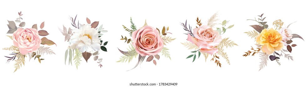 Luxurious beige trendy vector design floral bouquets. Pastel pink and mustard yellow rose, blush, creamy peony, dusty ranunculus, pampas grass, eucalyptus. Wedding decoration. Isolated and editable