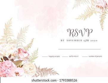 Luxurious beige trendy vector design watercolor frame. Pastel pink rose, creamy ranunculus, blush hydrangea, orchid, pampas grass, fern,eucalyptus.Wedding decoration.Elements are isolated and editable