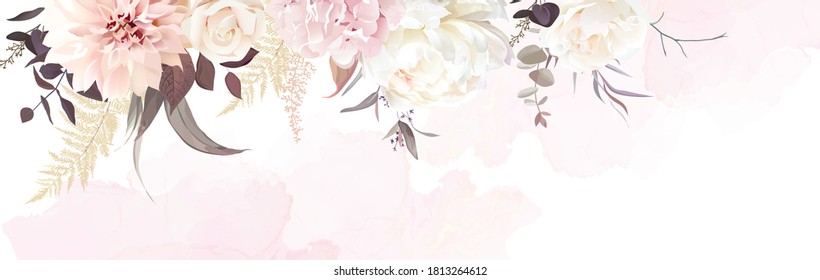 Luxurious beige trendy vector design watercolor banner frame. Ivory rose, blush pink hydrangea, dahlia, peony, pampas grass, fern, eucalyptus. Wedding decoration .Elements are isolated and editable