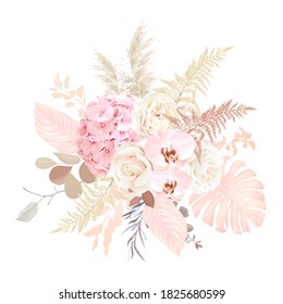 Luxurious beige trendy vector design floral bouquet. Creamy beige rose, blush hydrangea, pale pink orchid, ranunculus, pampas grass, monstera, eucalyptus. Wedding decoration. Isolated and editable