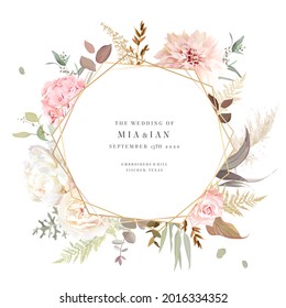 Luxurious beige trendy vector design card. Geometric golden art. Pastel pink rose, creamy peony, hydrangea, orchid, dahlia, ranunculus, pampas grass. Wedding frame. Elements are isolated and editable