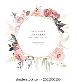 Luxurious beige trendy vector design card. Geometric golden art. Pastel pink rose, creamy dahlia, hydrangea, fern, astilbe, ranunculus, pampas grass. Wedding frame. Elements are isolated and editable