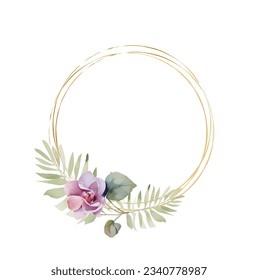 Lujosa tarjeta de diseño vectorial de moda beige. Arte geométrico de oro. orquídea violeta. Marco de la boda. Los elementos son aislados y editables. Banner de venta de verano con acuarela rosa orquídea