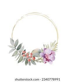 Luxurious beige trendy vector design card. Geometric golden art. Violet orchid. Wedding frame. Elements are isolated and editable. Summer sale banner with Orchid pink watercolor
