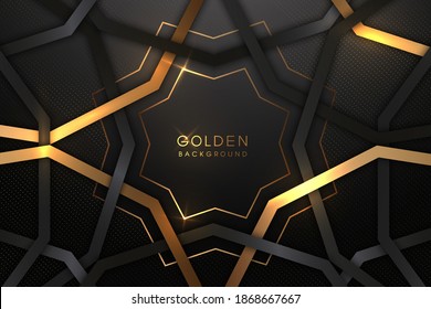 Lujoso fondo negro con una combinación de oro brillante en un estilo 3D. Elemento de diseño gráfico. Decoración elegante EPS 10