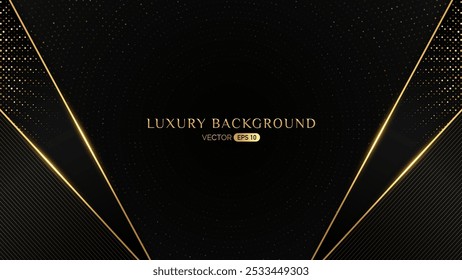 A luxurious black background featuring golden accents and geometric lines. The design includes a dotted pattern and elegant