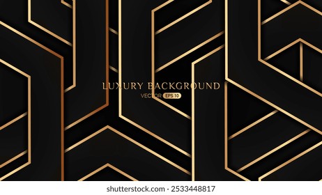 A luxurious black background featuring intricate geometric patterns with golden outlines. The design creates a sophisticated and elegant look, suitable for high-end branding or promotional materials.