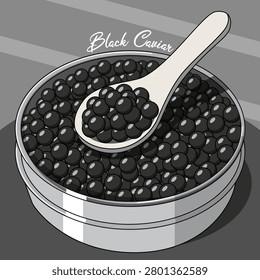 Luxurious black caviar vector illustration in tin bowl. A premium sturgeon roe in a metallic tin with a spoon. Elegant gourmet seafood culinary vector design. National Caviar Day, July 18th.