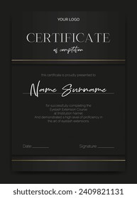 A luxurious black certificate template with a modern design. Perfect for beauty education, eyelash, or makeup artists. Elegant and abstract, ideal for awards or educational achievements. Not AI. svg