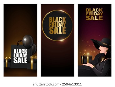 Luxurious Black Friday background templates, optimized for phone screen size. For creating high-impact promotional graphics, banners, and social media posts during the holiday shopping season