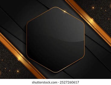 Luxurious Black and Gold Background, Shimmering Diagonal Lines, Dotted Texture, and a Central Hexagon for Branding, Text Placement, Perfect for Elegant Product Advertisements