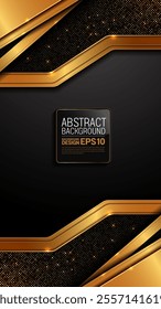 Luxurious black horizontal background golden lines and shimmering sparkles, 1080 x 1920 format for app screens, abstract banner, vector artwork, not AI-generated.