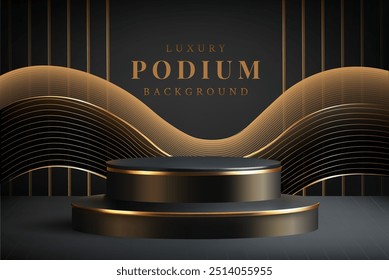 A luxurious black podium with golden glow. Realistic Background template for product presentations, perfect for Black Friday