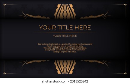 Luxurious black postcard template with vintage abstract ornament. Elegant and classic elements ready for print and typography. Vector illustration.