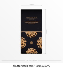 Luxurious black rectangular postcard template with vintage abstract mandala ornament. Elegant and classic vector elements are great for decoration.