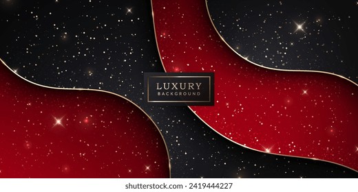 Luxurious black red abstract background with gold line elements, light rays, and bokeh effect decoration.