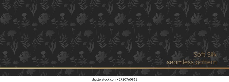 Lujoso patrón sin costuras negro con siluetas botánicas suaves. Elegante diseño textil oscuro, ideal para Fondo de pantalla o embalaje. Muestra en muestras. EPS 10