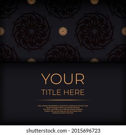 Luxurious black square postcard template with vintage indian mandala ornament. Elegant and classic vector elements ready for print and typography.