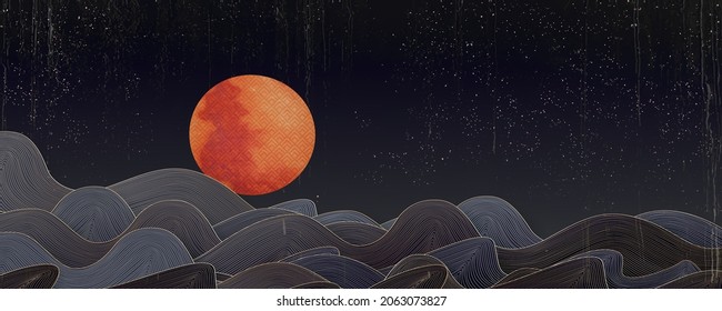 Luxurious black and white art background with night oriental landscape. Golden waves of the sea and ocean at night with moon and stars for home decor, print, banner.