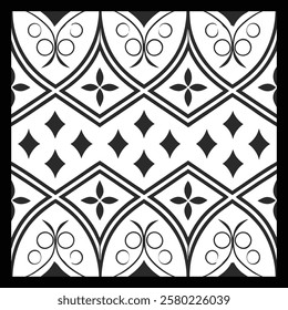Luxurious Black and White Floral Vector Pattern | Decorative Geometric Tile Design for Fashion, Fabric, Interior, Carpet, and Graphic Art | Timeless Digital Texture with Classic Elegance.
