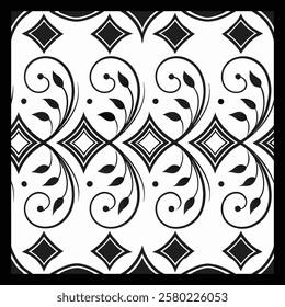 Luxurious Black and White Floral Vector Pattern | Decorative Geometric Tile Design for Fashion, Fabric, Interior, Carpet, and Graphic Art | Timeless Digital Texture with Classic Elegance.
