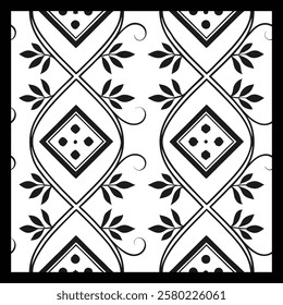 Luxurious Black and White Floral Vector Pattern | Decorative Geometric Tile Design for Fashion, Fabric, Interior, Carpet, and Graphic Art | Timeless Digital Texture with Classic Elegance.
