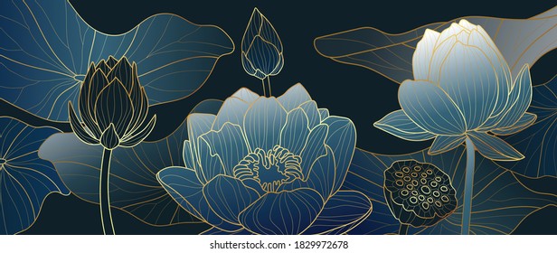 Luxurious blue background design with golden lotus. Lotus flowers line arts design for wallpaper, natural wall arts, banner, prints, invitation and packaging design. vector illustration.