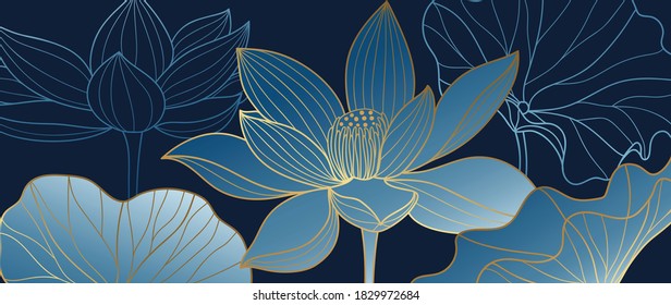 Luxurious blue background design with golden lotus. Lotus flowers line arts design for wallpaper, natural wall arts, banner, prints, invitation and packaging design. vector illustration.