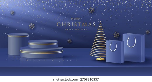 A luxurious blue Christmas backdrop featuring a variety of podiums of varying heights, stylized golden trees, gift bags, and shimmering snowflakes—perfect for holiday displays, sales, promotions