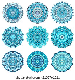 Luxurious blue collection of Mandalas. Lace decorative ornament for printing.