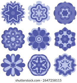 Luxuosa coleção azul de Mandalas. Enfeite decorativo de renda para impressão. Bonito cartão com mandala. Floco de neve feito em vetor. Aniversário e flores de férias. Caleidoscópio floral. Mandala azul.