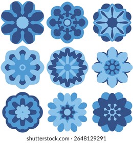 Luxurious blue collection of Mandalas. Lace decorative ornament for printing. Abstract Winter Blue geometric arabesque mandala. Cute Snowflake in folk art style. Arabesque medallion. Blue mandala.
