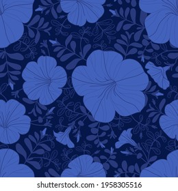 Luxurious blue floral pattern. Seamless vector texture hand drawn. Petunia flowers, buds and twigs.
