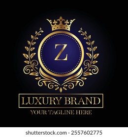 Luxurious blue and gold letter Z logo with crown laurel leaves and serif font for premium branding design