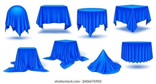 Luxurious blue silk table draping of geometric shapes realistic color icons set. Atmosphere of anticipation 3d objects bundle on white background