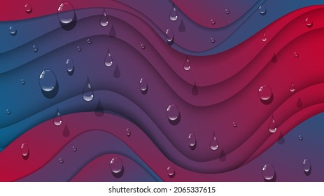 Luxuriöses blaurosa Tapete mit 3D-Effekt. Tropfen von transparenter Flüssigkeit auf überlappendem Hintergrund abstrakter Formen mit scharfen Kanten. Vektorgrafik. 