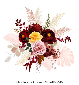 Lujoso boho de diseño vectorial de moda ramo floral. Rosa rosa y amarillo, dalia roja borgoñona, ranunculus, pampas, berry, monstera, eucalipto. Decoración de bodas. Aislado y editable