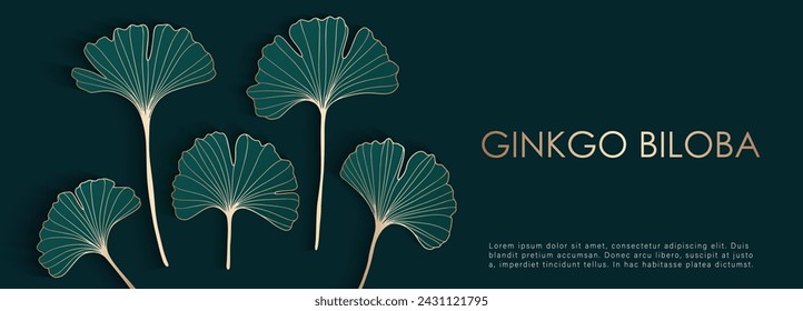 Luxurious botanical dark green vector design with golden outlines of ginkgo biloba leaves. Botanical card, wallpaper, background, poster, banner, cover design.