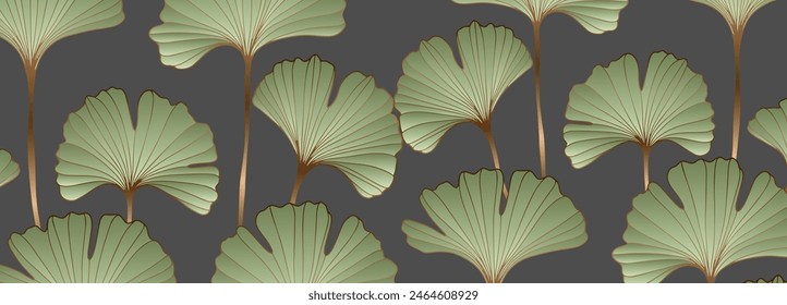 Luxurious botanical design with green leaves of ginkgo biloba on a dark serm background. Botanical vector wide horizontal background.