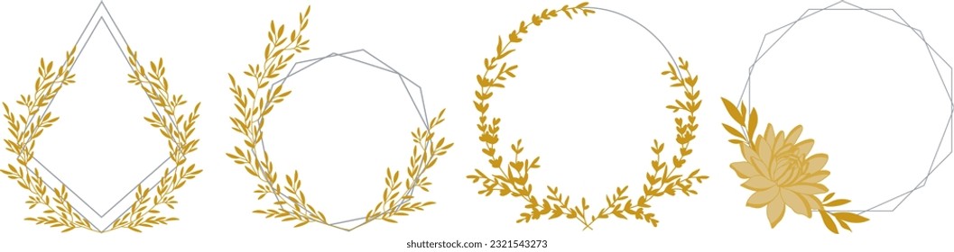 Luxuriöse botanische goldene Elemente mit silbernem Rahmen auf transparentem Hintergrund. Reihe von runden Formen, Sequenzen, Blättern, Laubädern. Elegantes Blattdesign für Hochzeiten, Karten, Einladungen, Congra