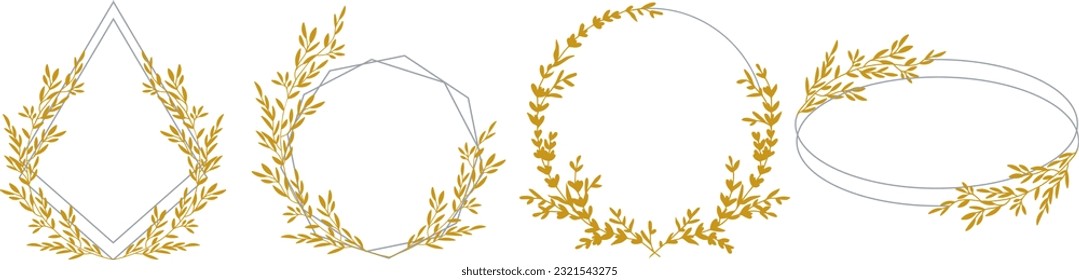 Luxurious botanical golden elements with a silver frame on a transparent background. Set of round shapes, sequins, leaves, leaf branches. Elegant foliage design for wedding, cards, invitations, congra