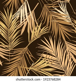 Luxurious botanical tropical leaf background gold colors. Exotic foliage seamless pattern with gradient effect. Hand drawn  illustration on black background.