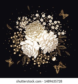 Luxurious bouquet of flowers Isolated on black background. Gold, black and white. Peonies, butterflies sparkles. Decoration for design of wedding invitations, congratulations, interior. Vector Vintage