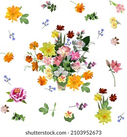 Luxurious bouquet of garden flowers surrounded by individual flowers on a white background. Wonderful romantic endless print for fabrics, clothes. Bed linen, curtain, pillowcase.